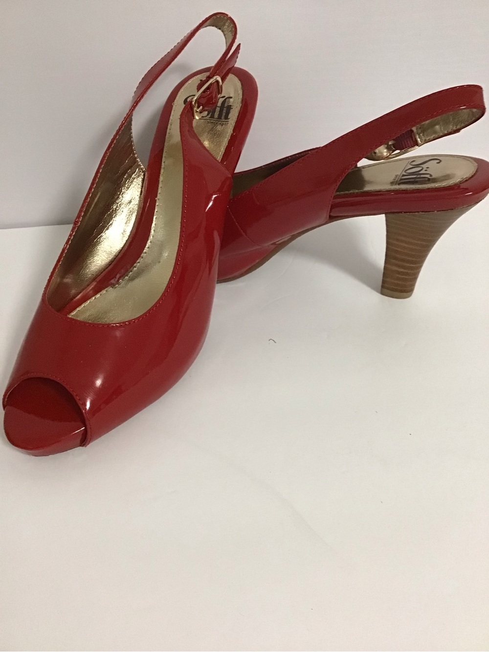 Sofft Red Patent Slingback Peep-Toe Heels with Stacked Heel